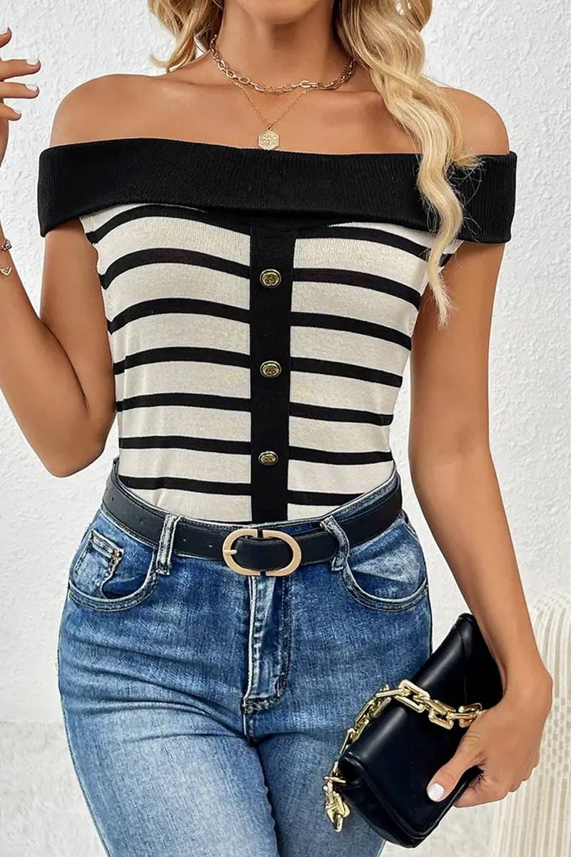 CWTTS1306_FASHION STRIPED OFF-SHOULDER BOAT NECK SWEATER