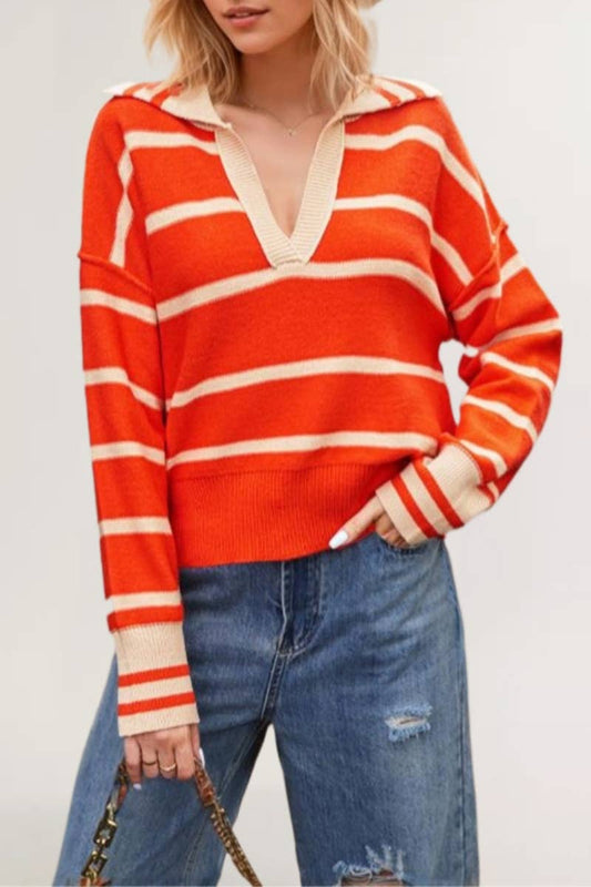 CWOSWL6738_LONG-SLEEVED V-NECK SWEATER WITH LOOSE STRIPES