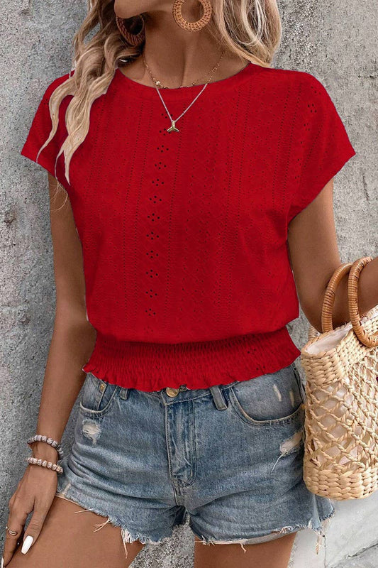 CWTBLS1793_ROUND NECK JACQUARD HOLLOW SHORT SLEEVE TOP