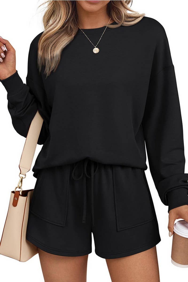 CWSTB00405_CREW NECK LONG SLEEVE SHORTS TWO-PIECE HOODIE SET