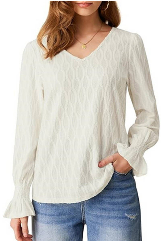 CWTBLL3616_SOLID COLOR V-NECK LONG-SLEEVED T-SHIRT TOP