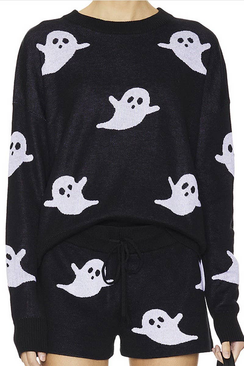CWSTB00426_DARK HALLOWEEN GHOST KNIT SWEATER & SHORTS SET