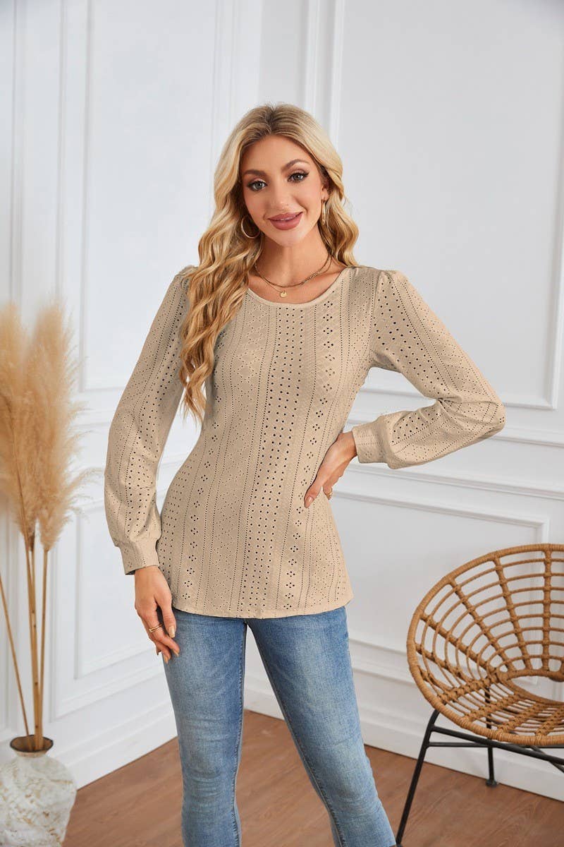 CWTBLL4098_ROUND NECK EYELET PUFF SLEEVE LONG SLEEVE T-SHIRT