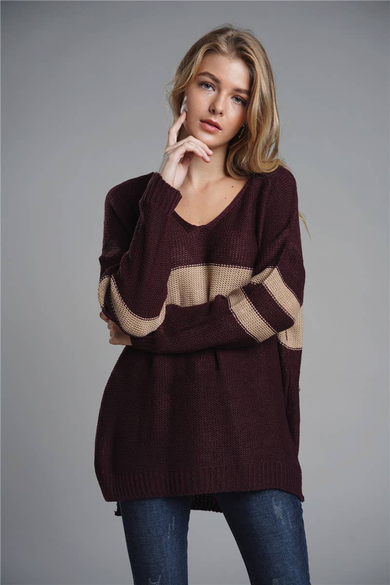 CWOSWL1420_V-Neck Long Sleeve Pullover Sweater