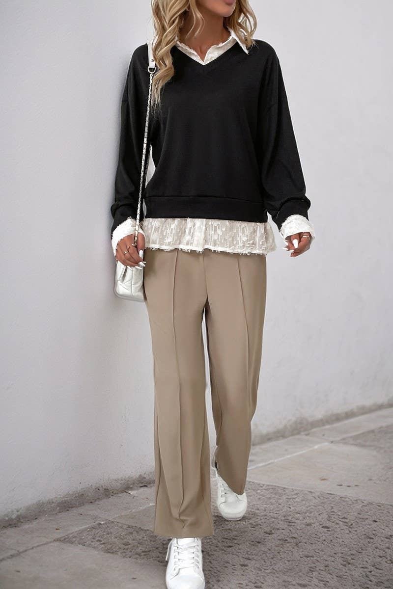 CWTBLL3738_CASUAL LAPEL STITCHING FAKE TWO-PIECE SWEATSHIRT