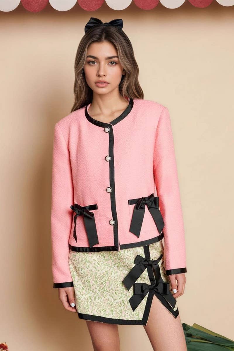 CWOCO1271_DOUBLE POCKET DELICATE BOW LONG SLEEVE JACKET