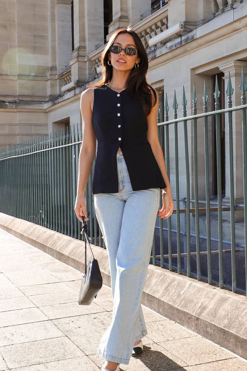 CWTBLSL0852_SOLID V-NECK SLEEVELESS VEST SUMMER TOP