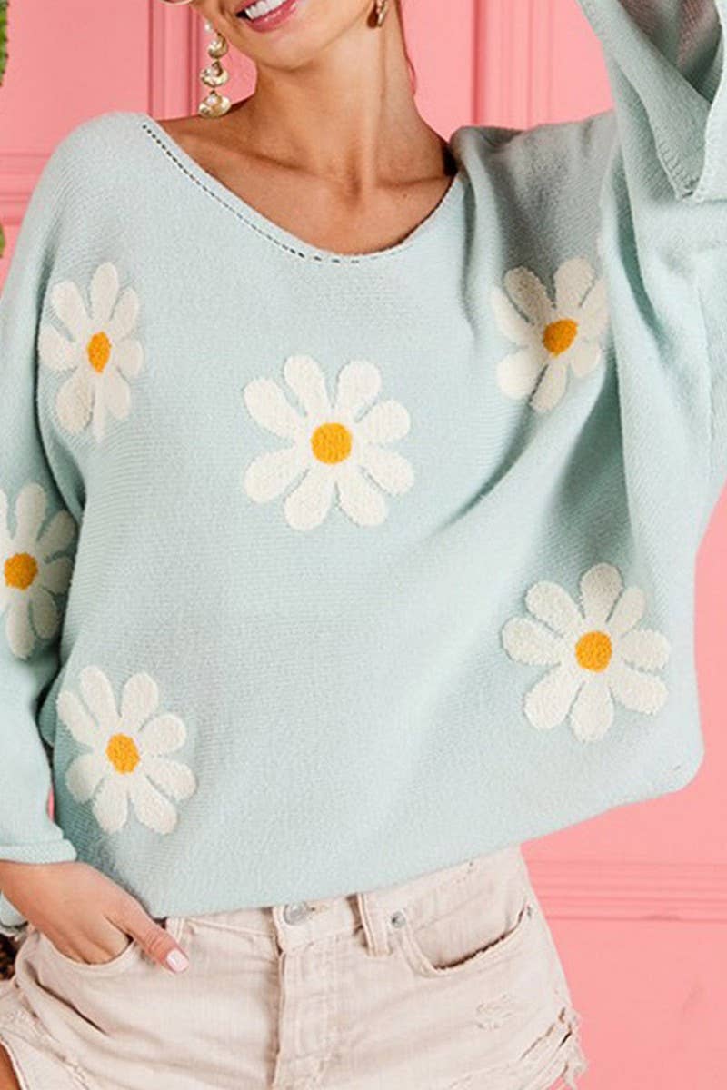 CWOSWL2940_V-NECK FLORAL EMBROIDERED KNITTED SWEATER