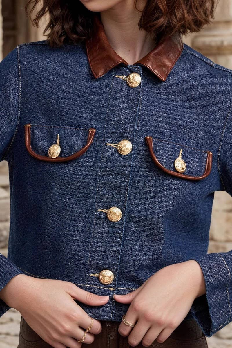 CWOCAL2322_FAUX DENIM JACKET WITH REFINED LEATHER COLLAR