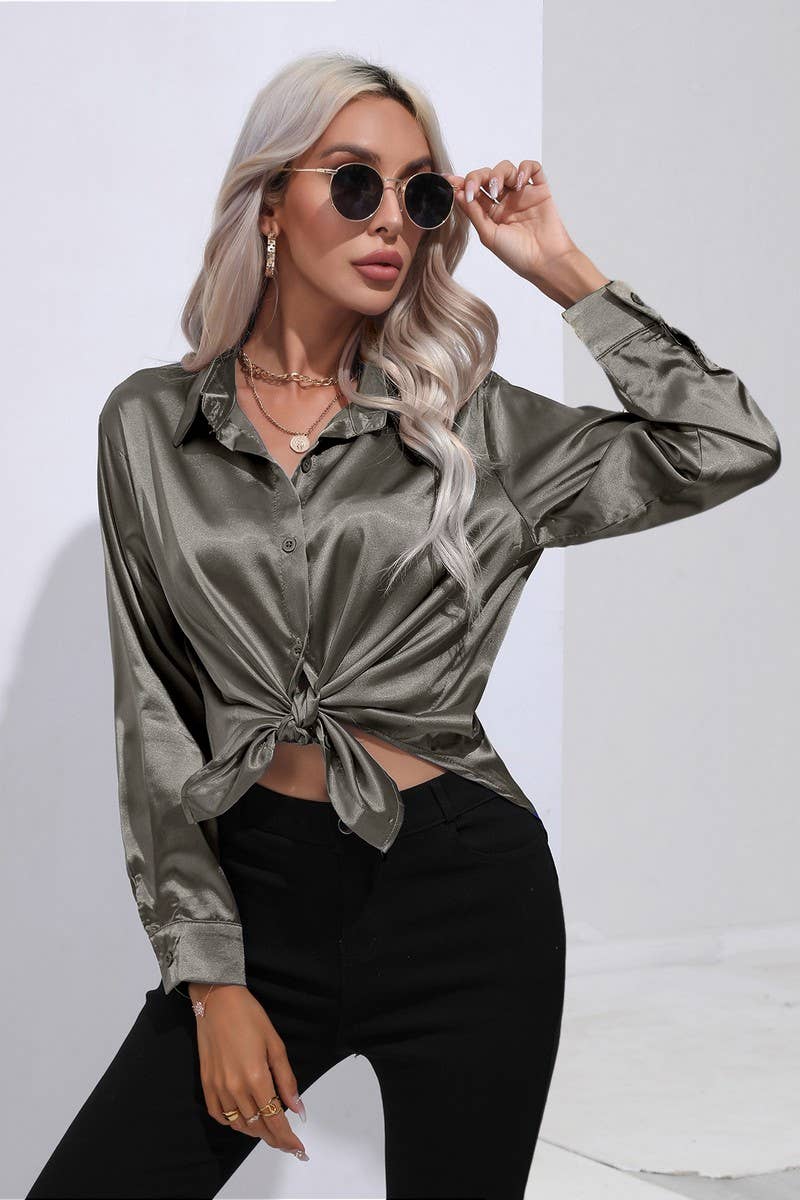 CWTBLL0690_Button Down Silky Satin Long Sleeve Top