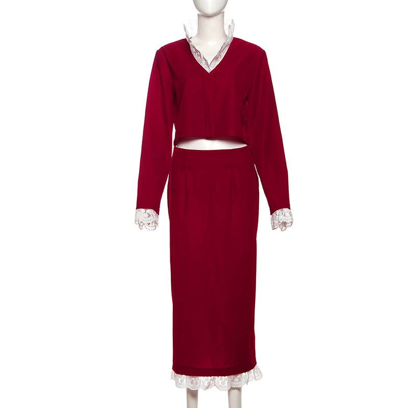 DEEP V LACE PATCHWORK CROP TOP SPLIT SKIRT SET