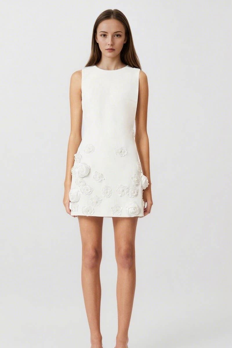 CWDSD8836_SLEEVELESS 3D APPLIQUE SOLID A-LINE DRESS