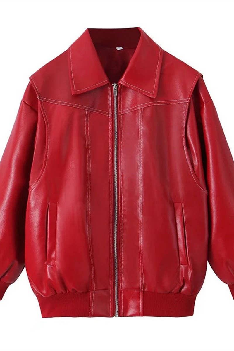 CWOJA0863_SOLID LOOSE FIT ZIP-UP MOTORCYCLE JACKET