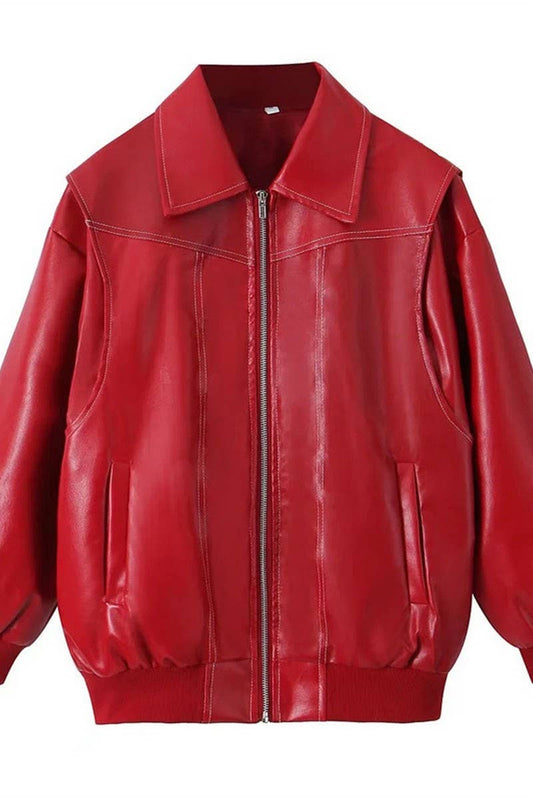 CWOJA0863_SOLID LOOSE FIT ZIP-UP MOTORCYCLE JACKET