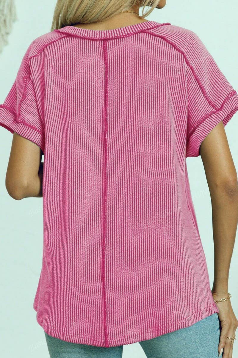 CWTTS1383_FASHIONABLE V-NECK TWISTED SHORT-SLEEVED TOP