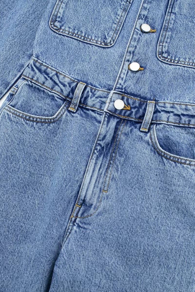 CWSJS1261_LAPEL SINGLE BREASTED STRAIGHT DENIM JUMPSUIT