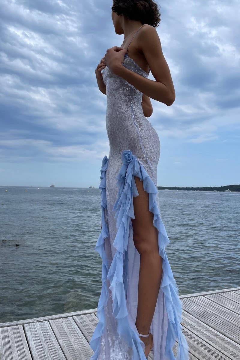 CWDMD5619_SEXY SHEER SEQUIN RUFFLE FLORAL MAXI SLIP DRESS