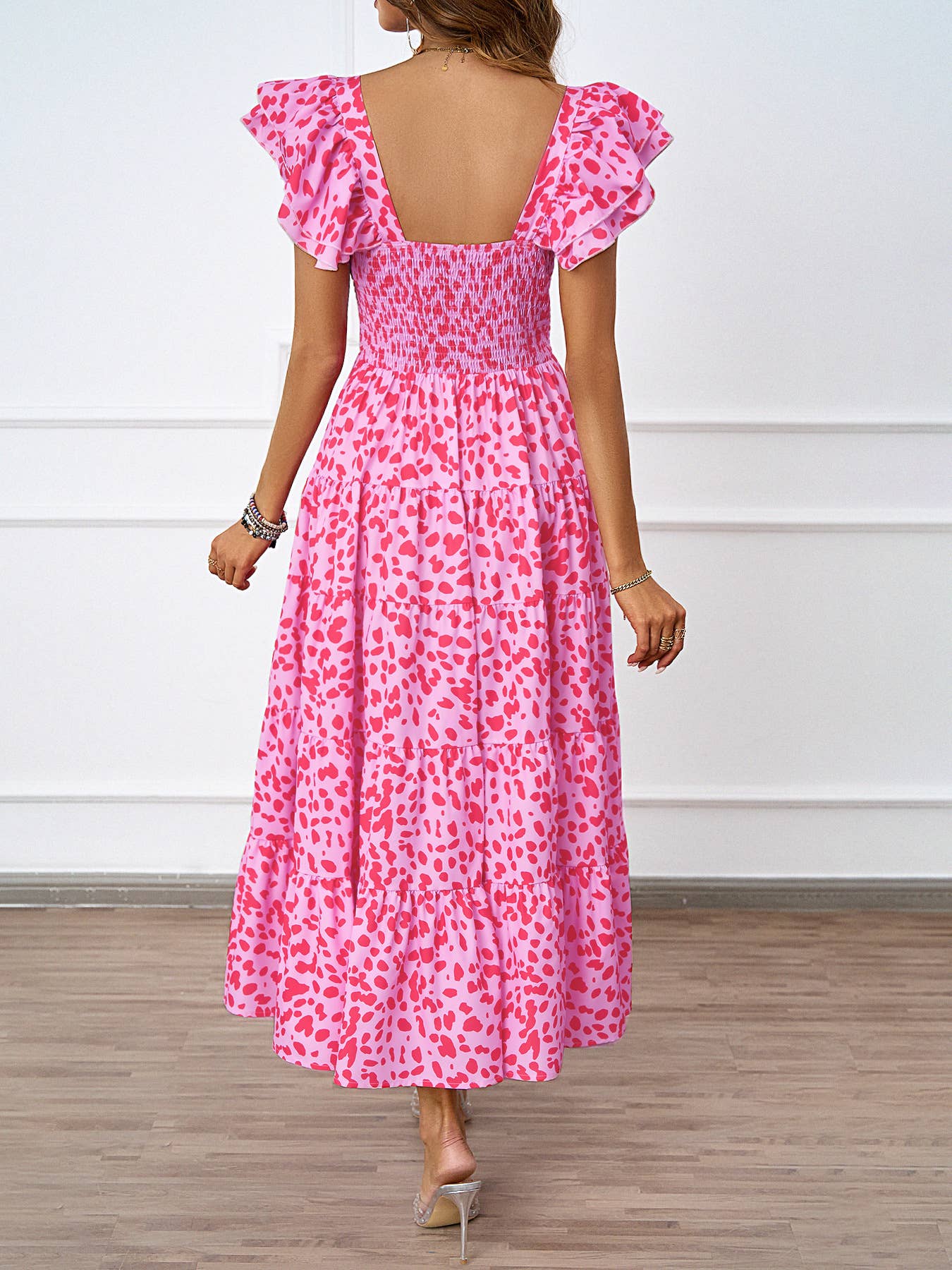 CASUAL SQUARE COLLAR PRINT PLEATED DRESS