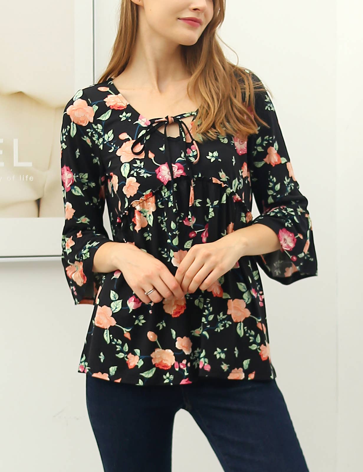 CWTTL1401_3/4 SLEEVE WITH NECK STRING DETAILED TOP