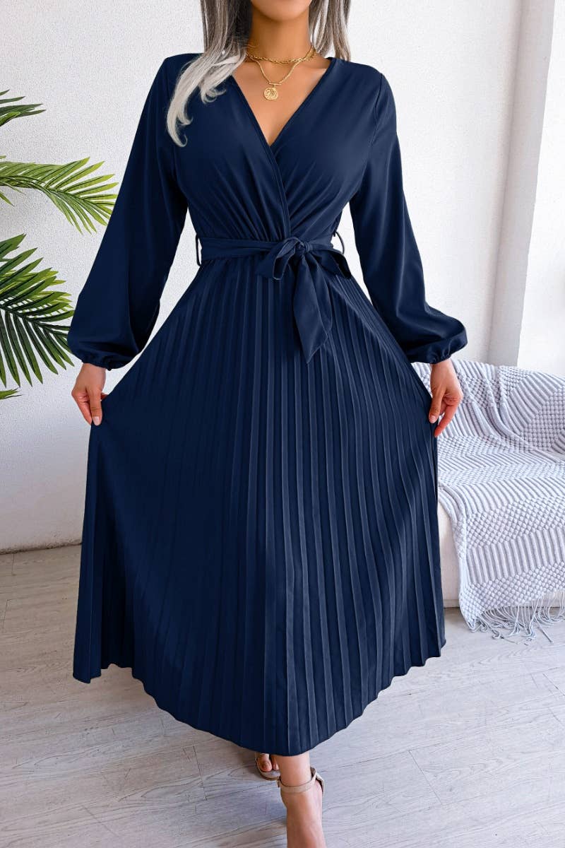 CWDMD3947_CROSS LACE-UP LONG-SLEEVED PLEATED SWING DRESS