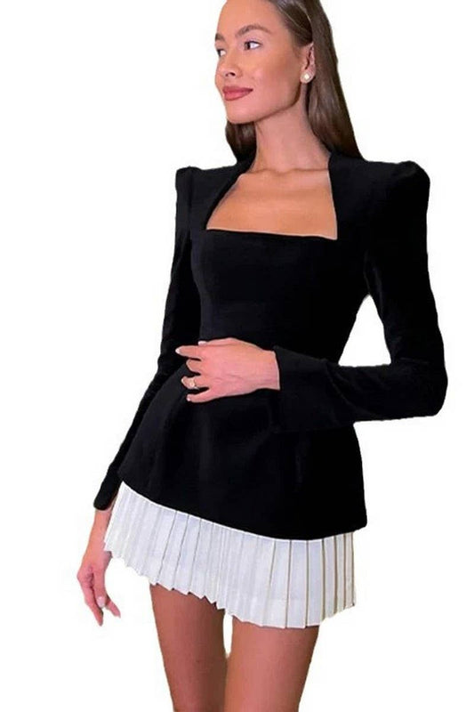 CWDSD10576_LONG SLEEVE COLORBLOCK PLEATED MINI DRESS