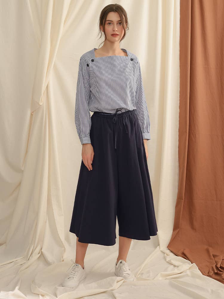 Commuter fold wear stripe long sleeve blouse