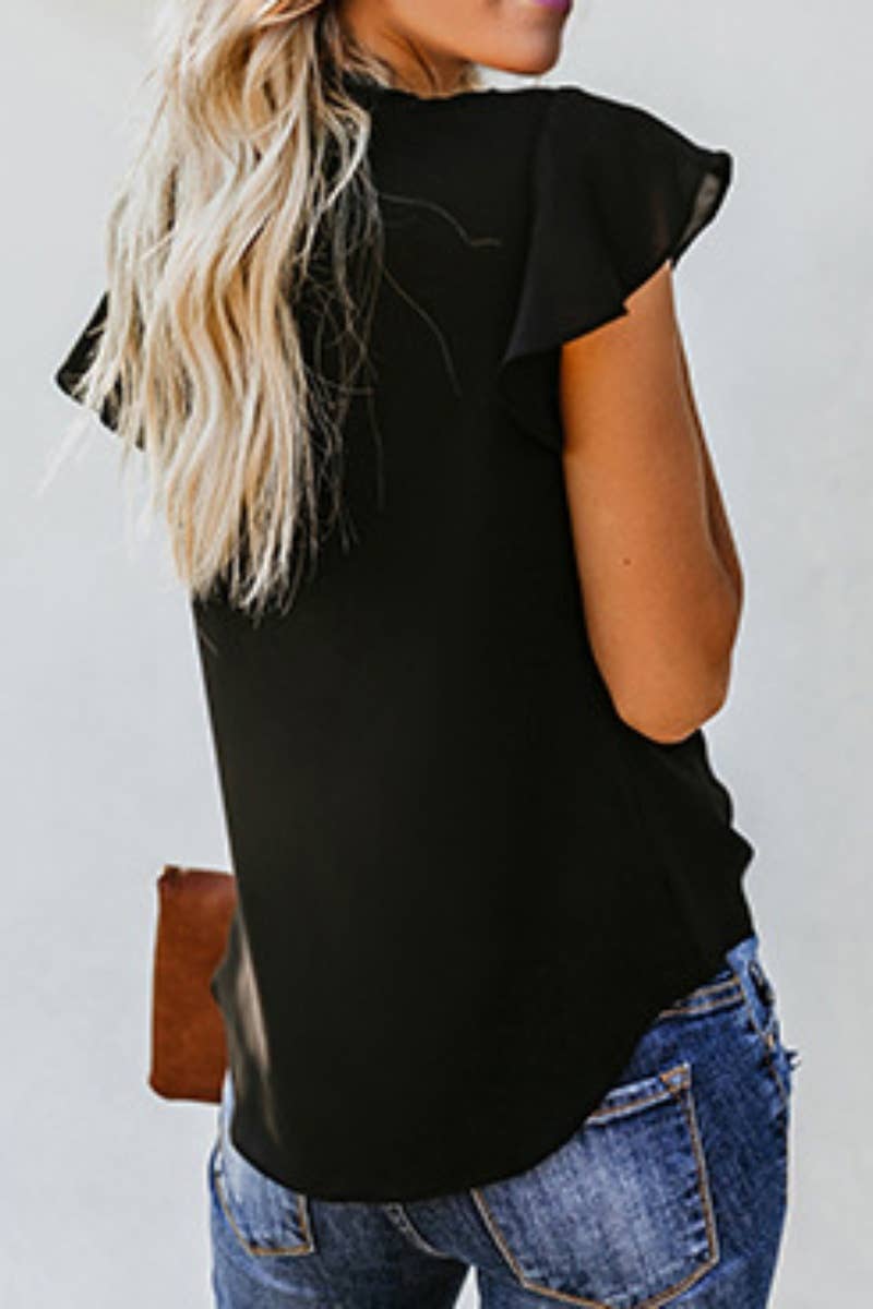 CWTBLS1332_CASUAL V-NECK SHORT SLEEVE SOLID COLOR TIED TOP