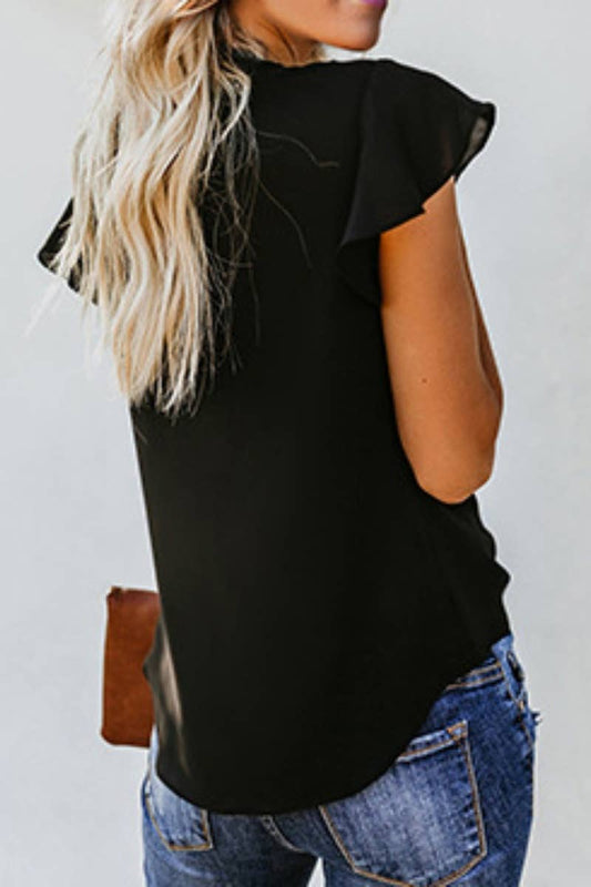 CWTBLS1332_CASUAL V-NECK SHORT SLEEVE SOLID COLOR TIED TOP