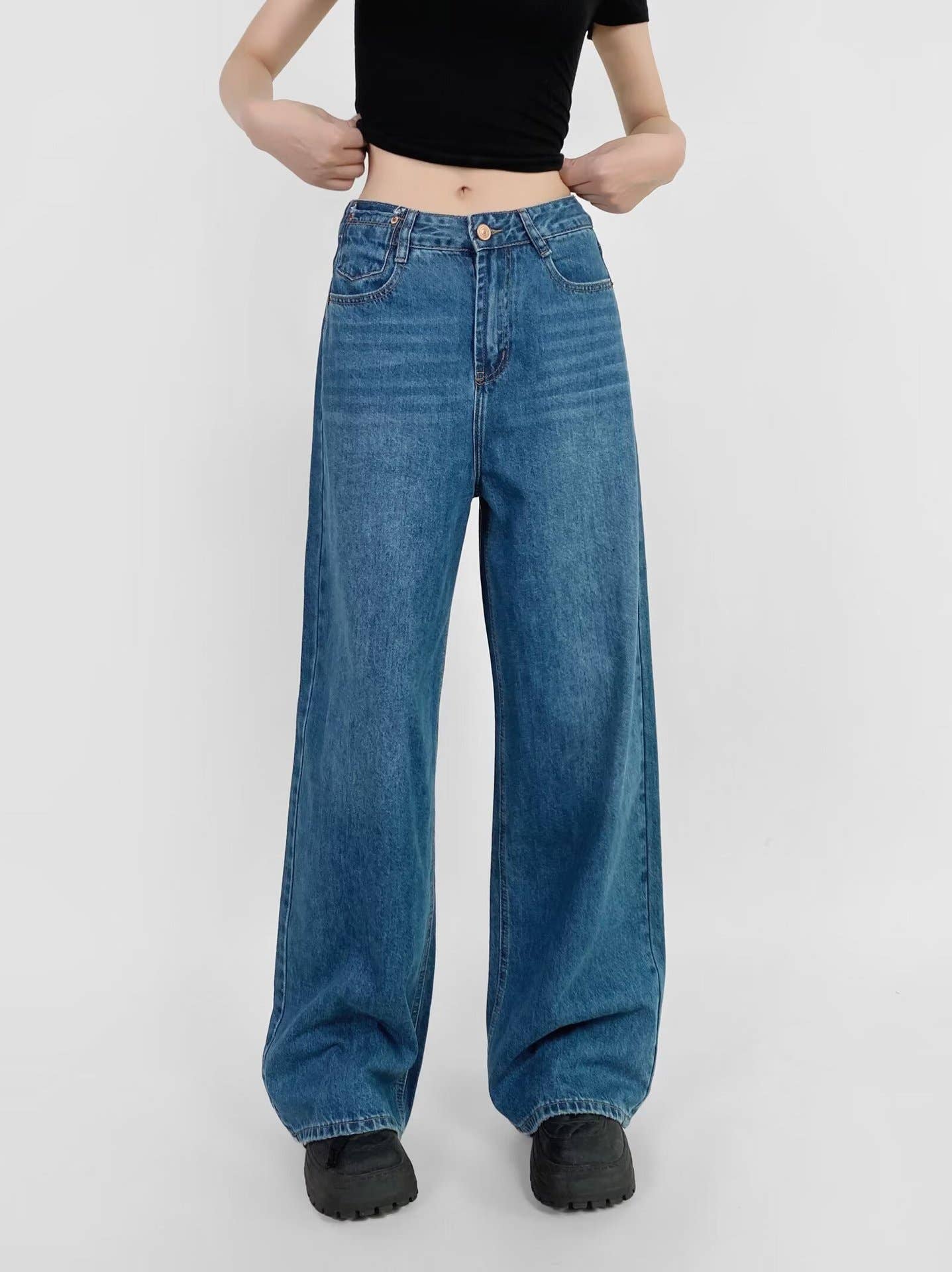 American street blue loose wide-leg jeans