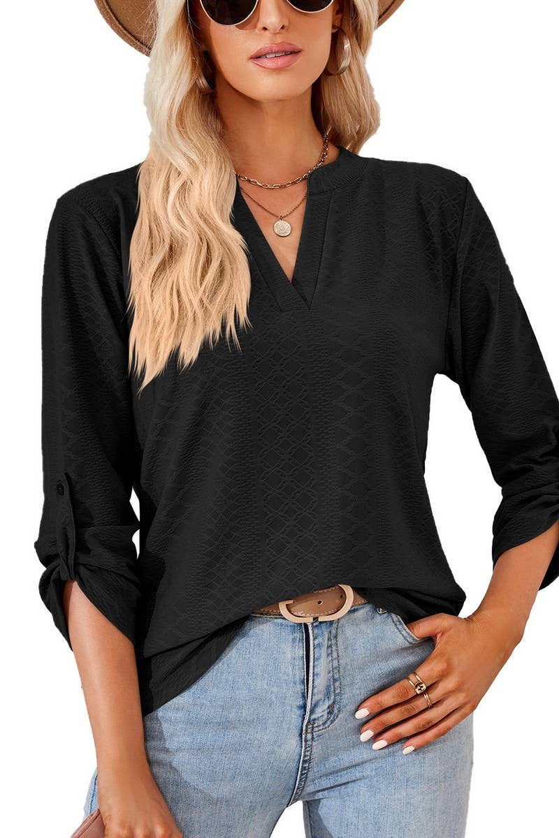 CWTBLL2375_SOLID COLOR V-NECK THREE-QUARTER SLEEVE TOP