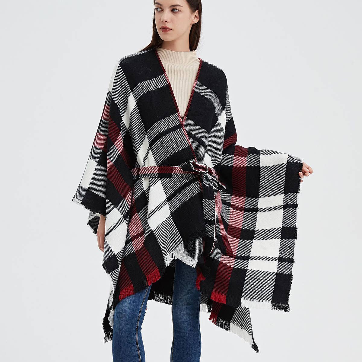 GEOMETRIC BLACK AND RED SHAWL WITH SPLIT HOOD