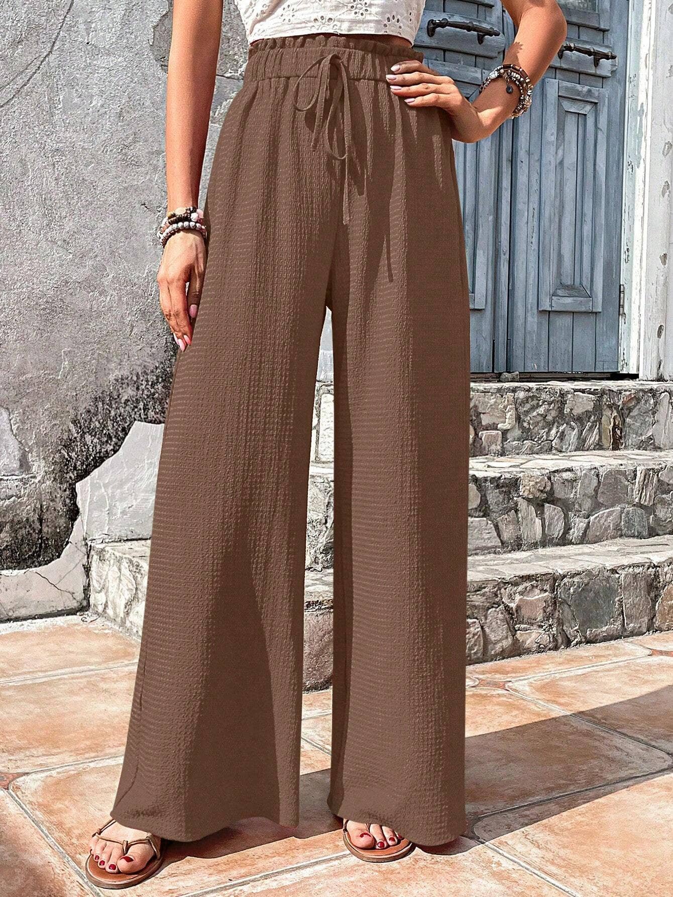 ASSORTED BUBBLE PLAID CASUAL WIDE-LEG PANTS