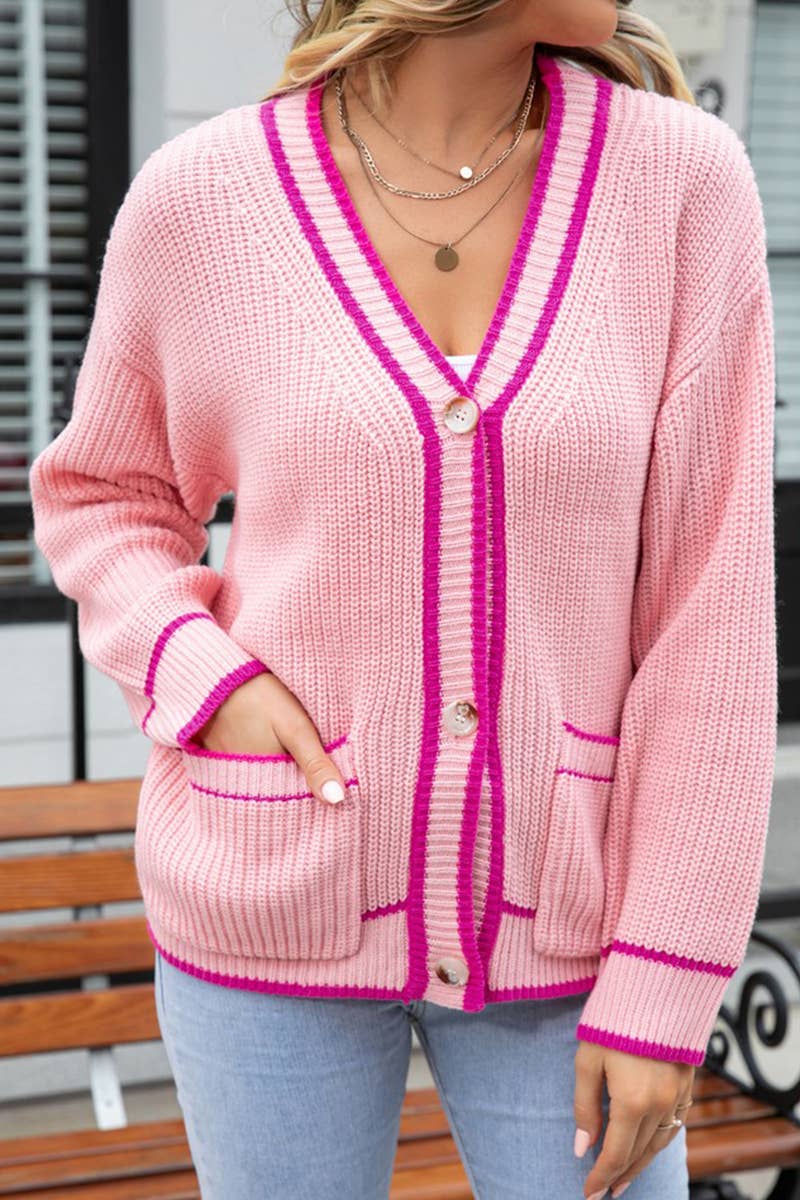 CWOSWL1670_Button Down Sleeve  V-Neck Cardigan Sweater