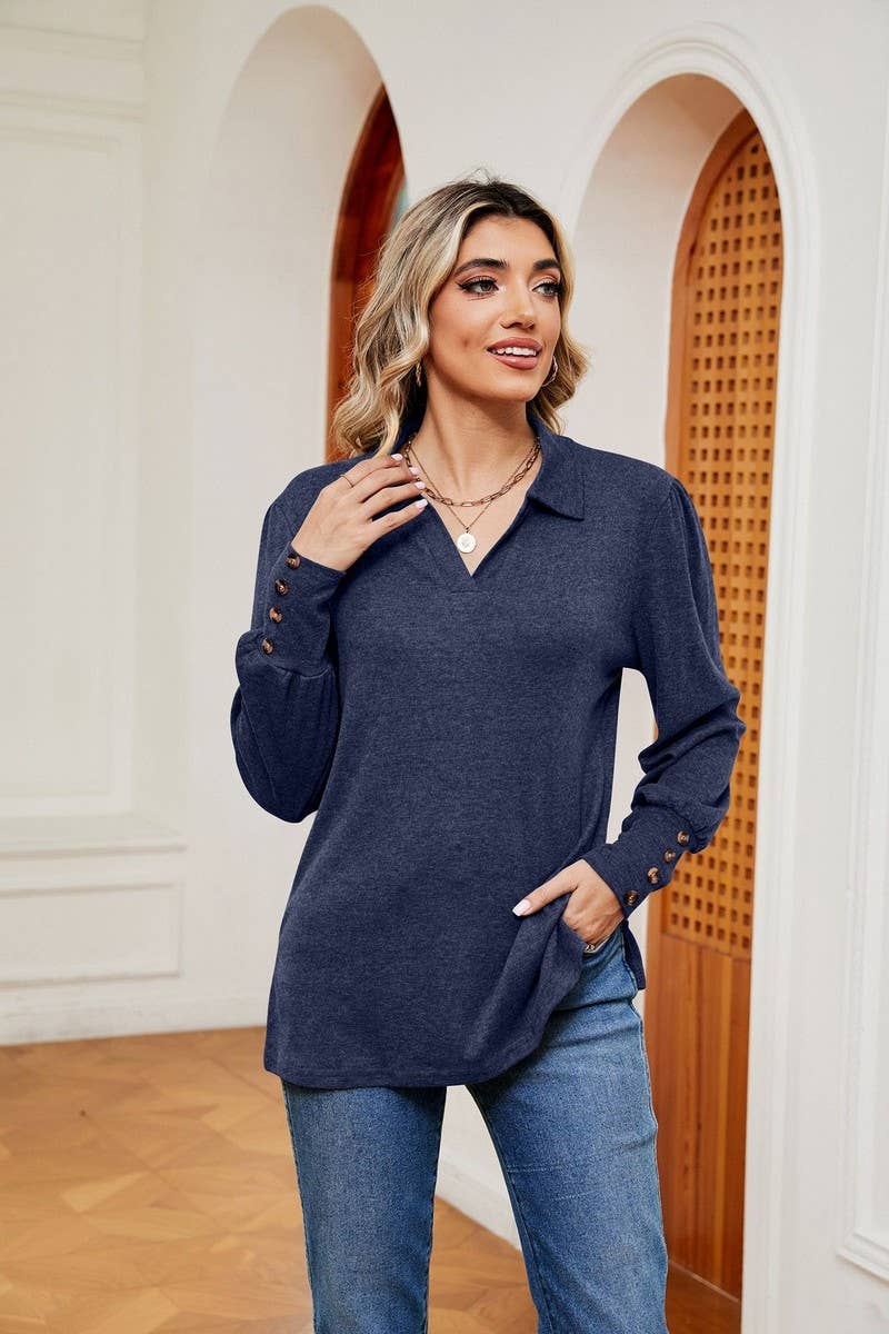 CWTBLL2398_SOLID COLOR POLO NECK LONG SLEEVE BUTTON PULLOVER