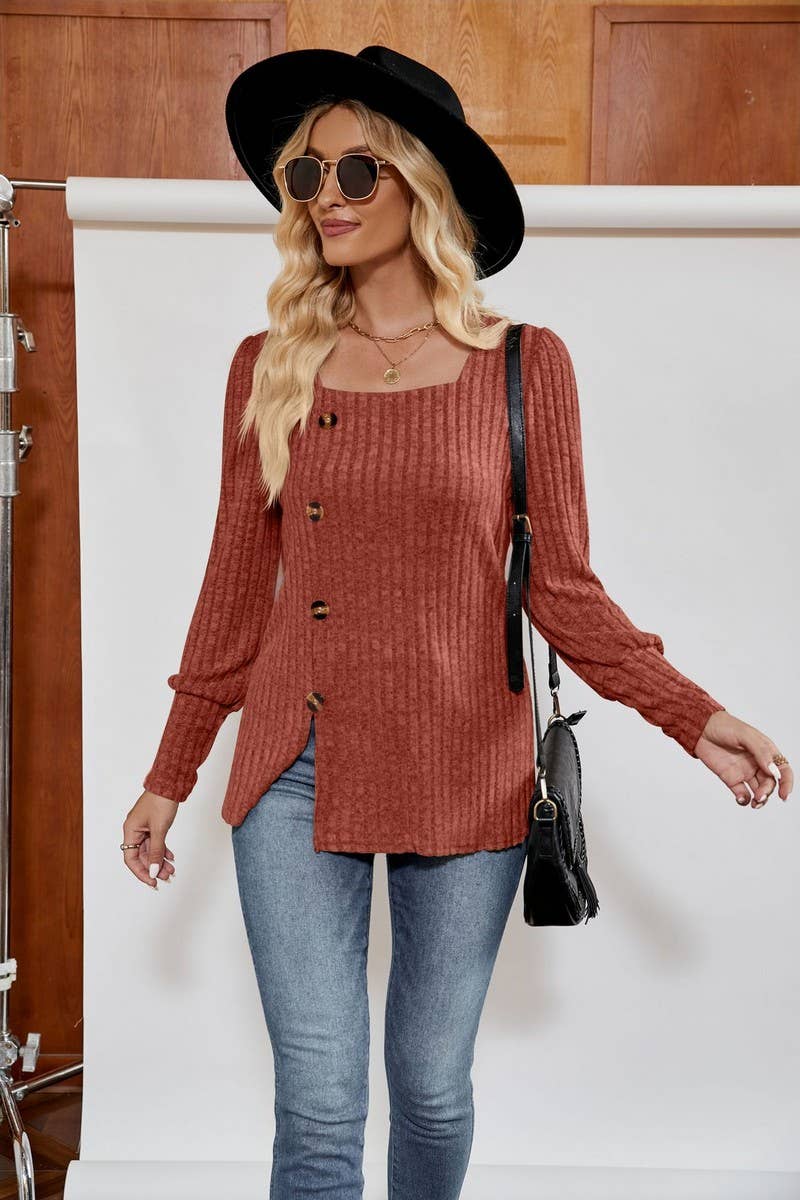 CWTBLL4014_RIBBED SQUARE NECK PUFF SLEEVE SPLIT HEM TOP
