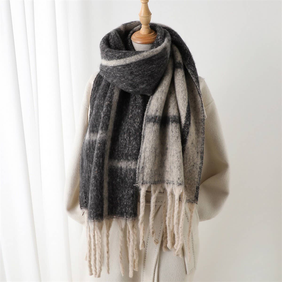 Minimalist Grid Scarf Shawl with Warm Texture