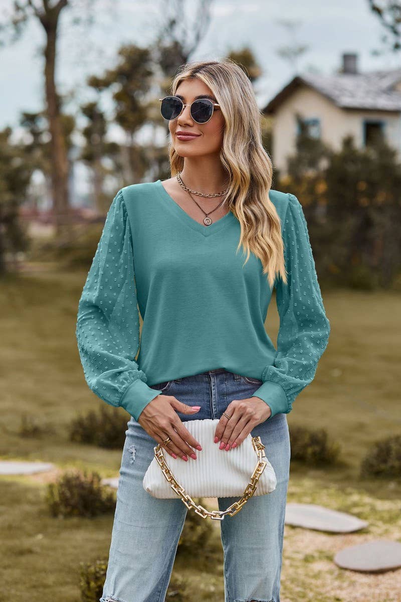 CWTBLL1047_LONG-SLEEVED V-NECK MESH PATCHWORK LOOSE TOP