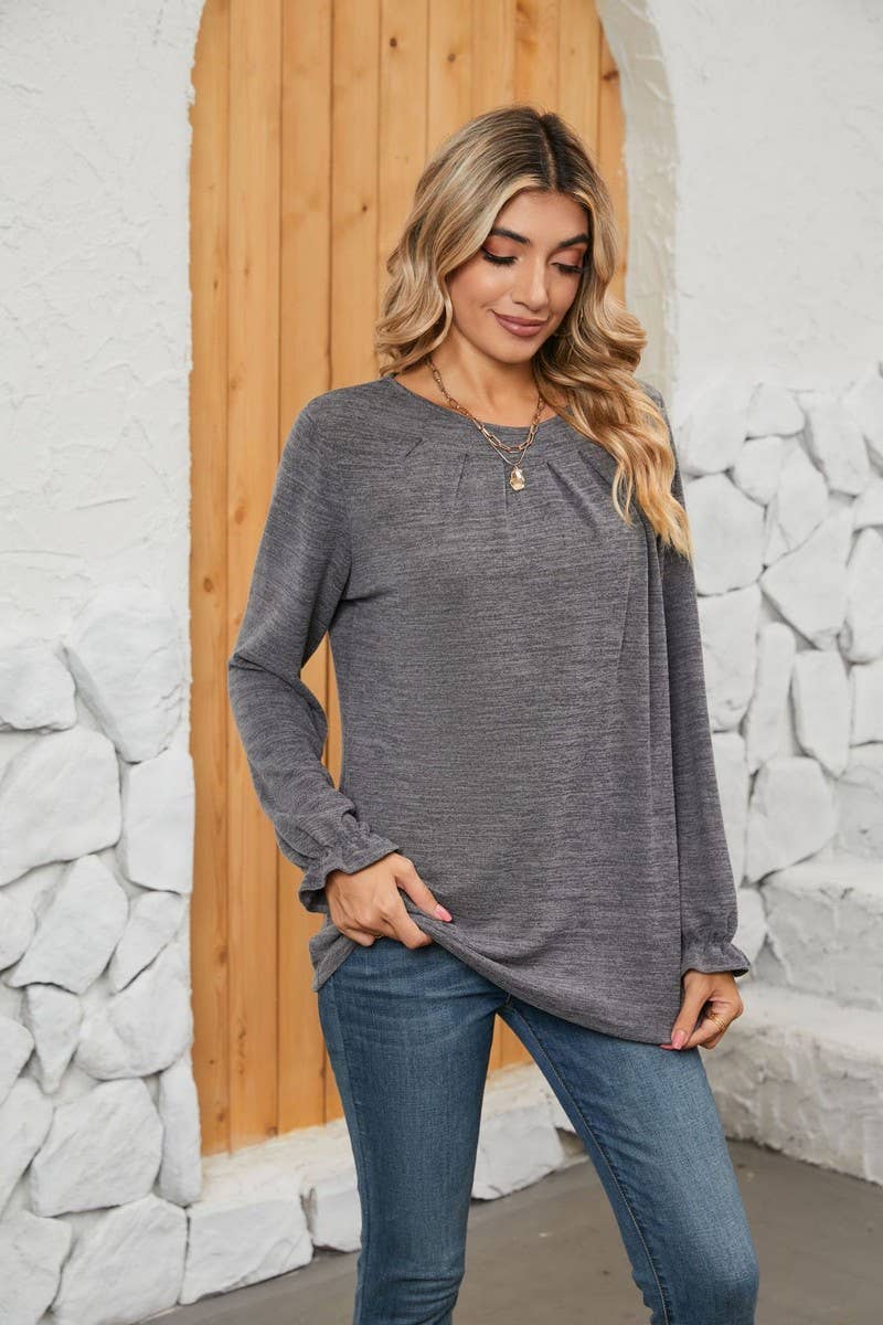 CWTBLL1048_SOLID COLOR LONG SLEEVE ROUND NECK CASUAL TOP
