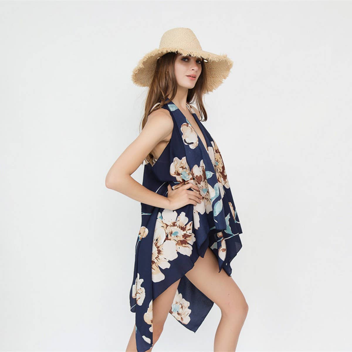 BIG FLORAL PRINT FRONT OPEN KIMONO FOR SLEEVELESS_CWASC0785