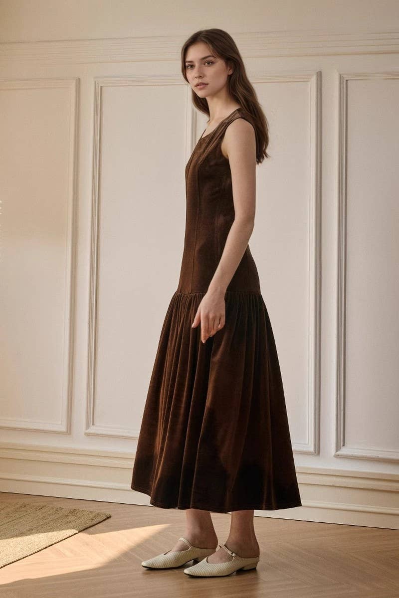 CWDMD6322_AUTUMN SOLID COLOR PLEATED SKIRT SLEEVELESS DRESS