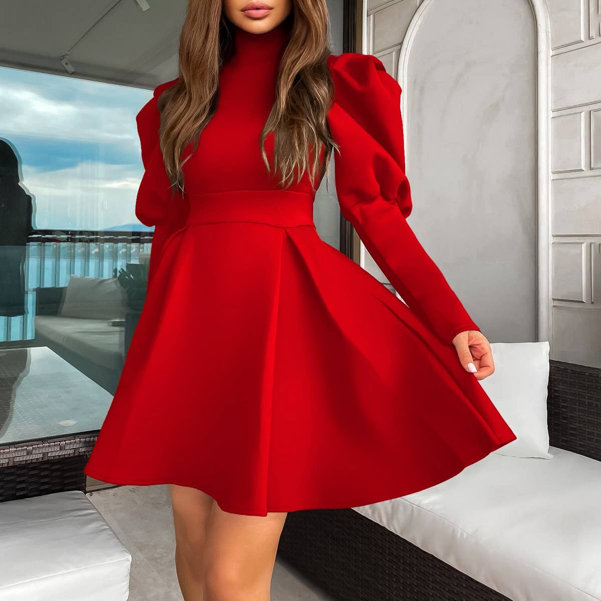 TEMPERAMENT HIGH COLLAR SLIM WAIST A-LINE DRESS