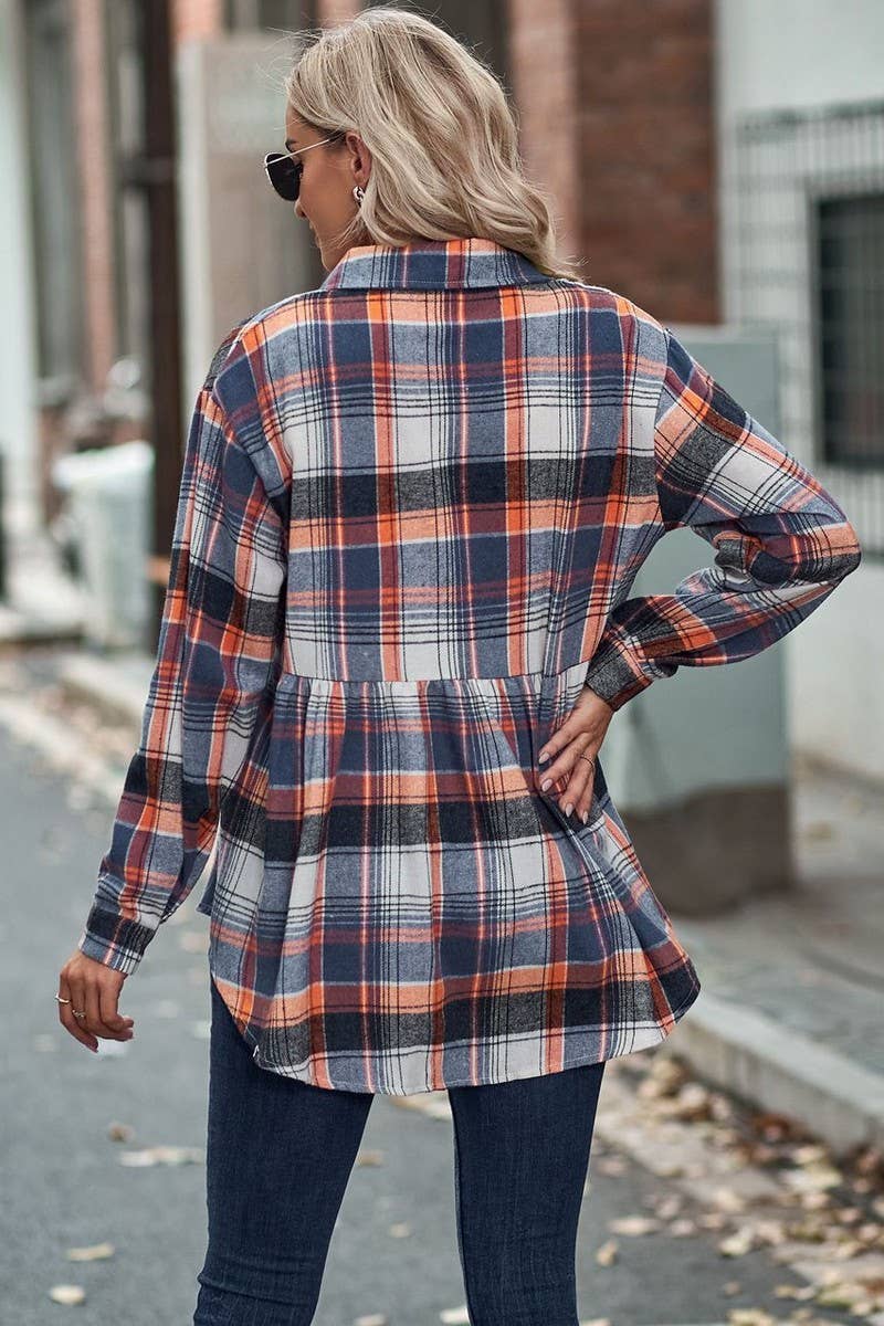 CWTSTL2484_LAPEL LONG SLEEVE POCKET CASUAL PLAID SHIRT