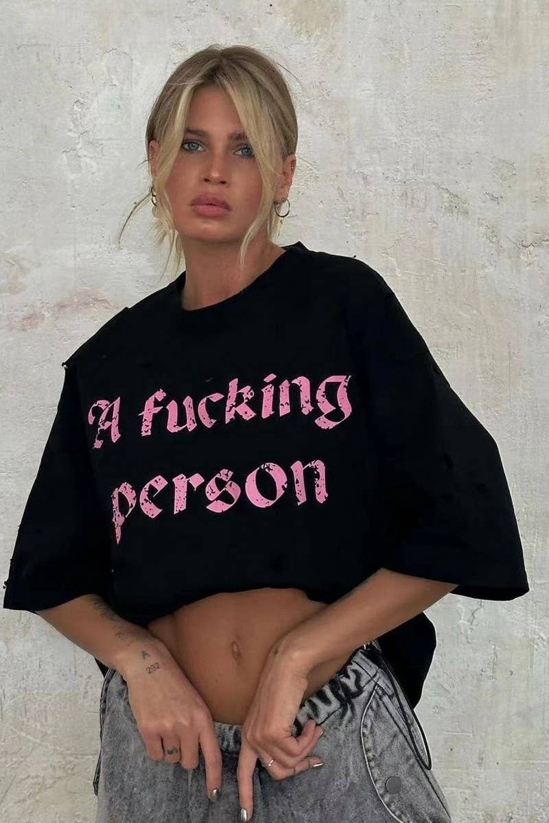 CWTTS1287_LETTER PRINT RIPPED STYLE MID-LENGTH SHORT SLEEVE