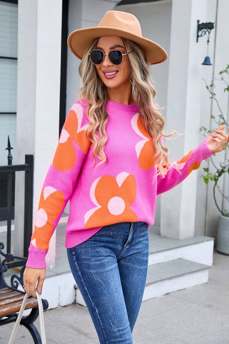 CWOSWL3067_LARGE FLOWER PRINT CREW NECK KNITTED SWEATER