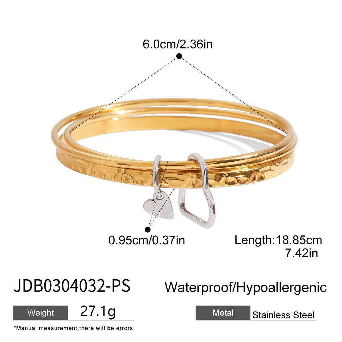 18K Gold Silver Wide Hammered Heart Clasp Cuff_CWAJE4814