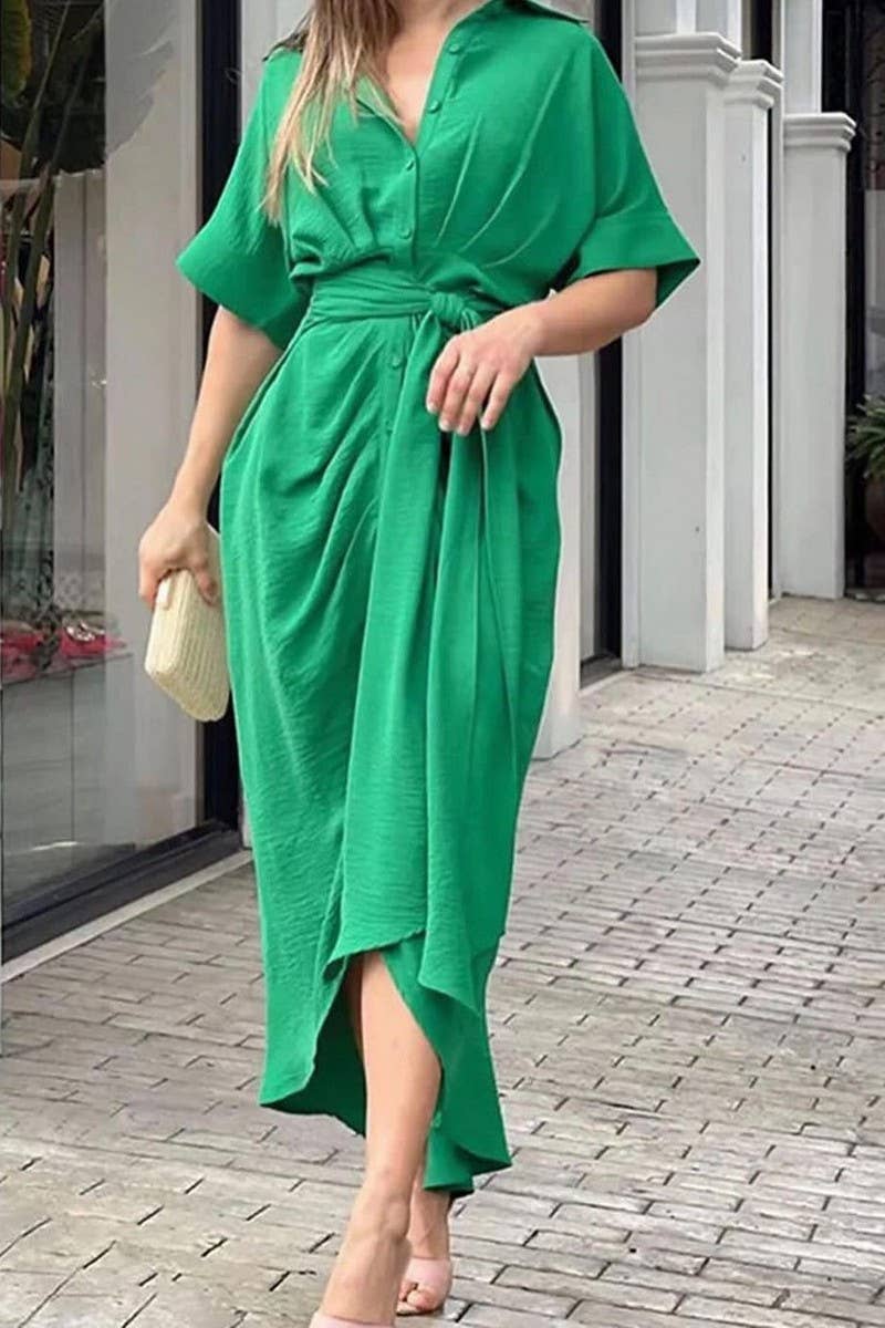 CWDMD4063_SHORT SLEEVE SINGLE BREASTED TIE SHIRT DRESS