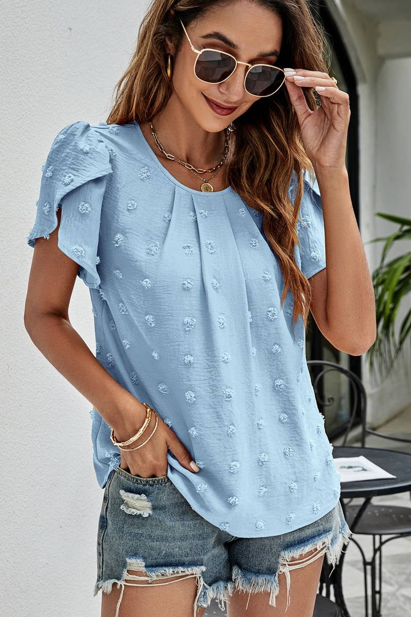 CWTBLS0342_Round neck Short Puff Sleeve Blouse