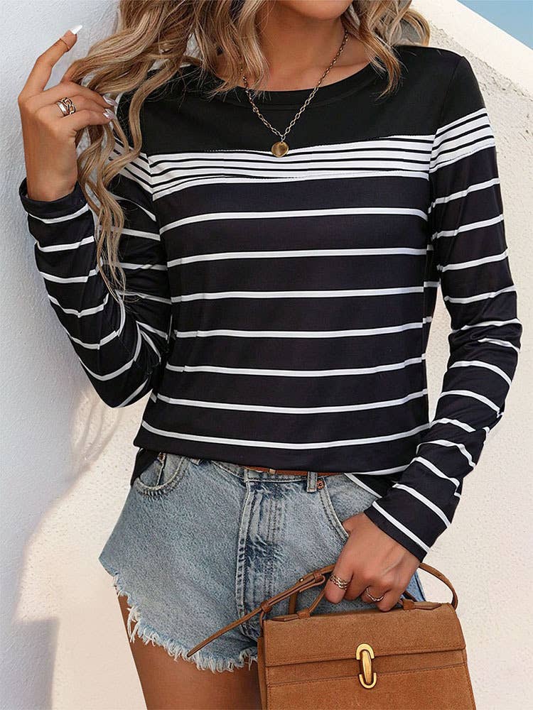 CREW-NECK CASUAL STRIPED LONG SLEEVE PULLOVER TOP