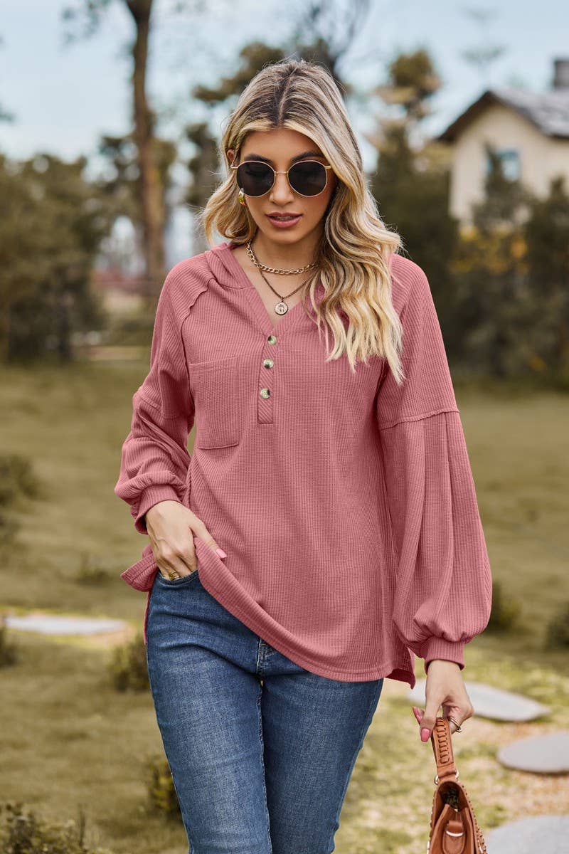 CWOHOL1095_NEW HOODED BUTTON LOOSE LONG-SLEEVED SWEATSHIRT