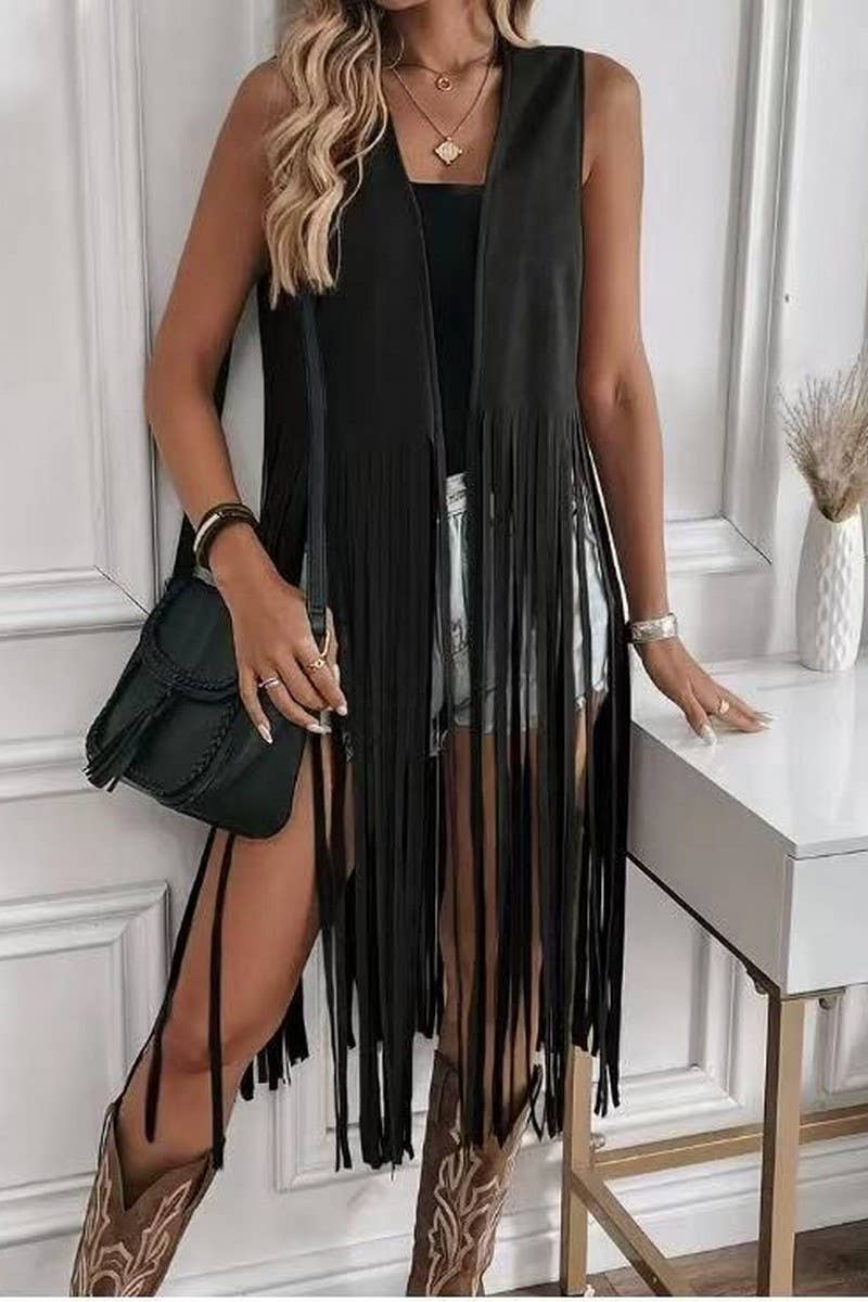 CWOCASL0057_BUTTONLESS FRINGED MID-LENGTH VEST JACKET